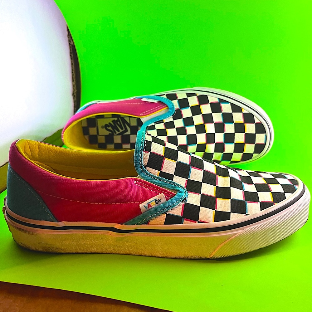 Unisex Vans Checkerboard Blue Pink Yellow Slip On Shoes size M-6.5 & size W-8.0